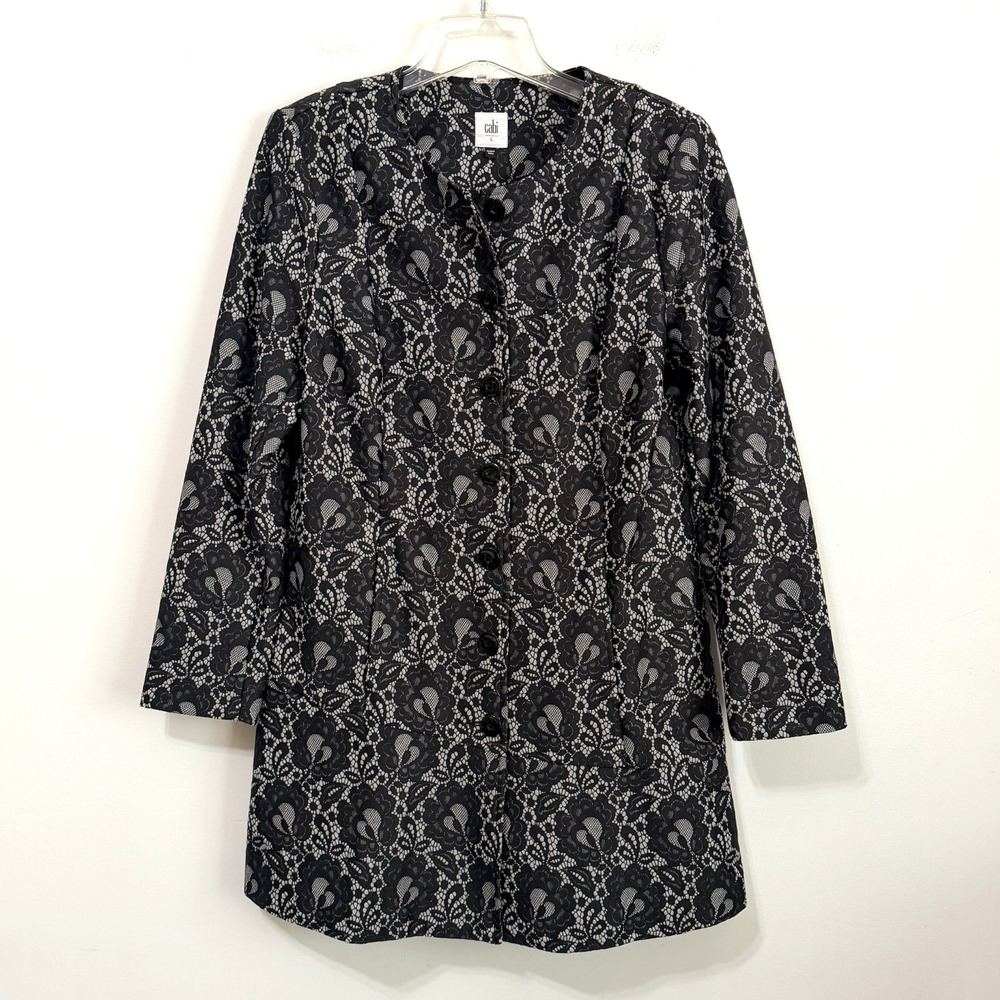 Cabi Floral Lacy Lace Coat L Black Long Sleeve Button Front Pockets Trendy Party